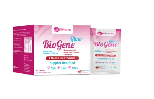 Biogene-Glow-Mockup-510×328 BT Pharma BioGene Glow 5000 mg Sachets بيوجين جلو كولاجين 5.000 مغم أكياس فوارة 30 كيس