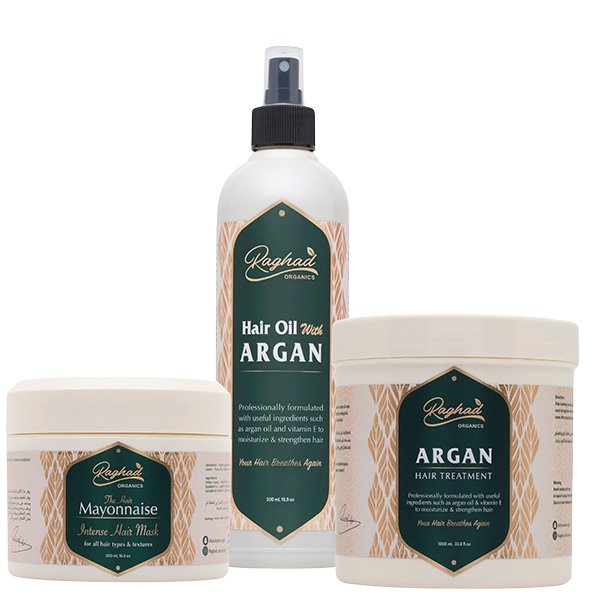 Raghad Hair Package (Mayo Mask + Argan Oil + Argan Treatment)رغد بكج الشعر (ماسك المايونيز + زيت الأرغان + علاج الأرغان)
