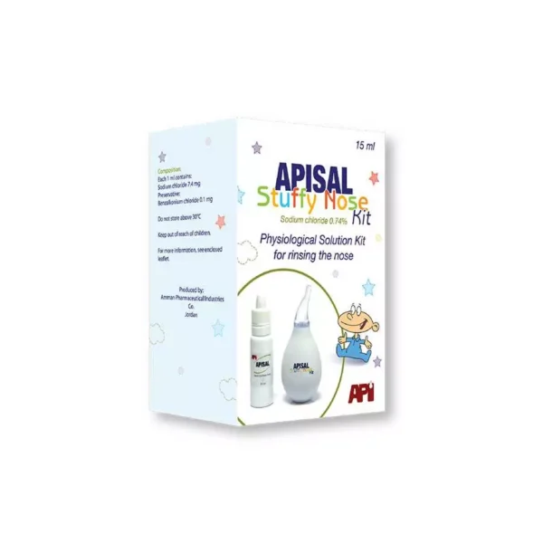 Apisal Stuffy Nose (Apisal Drops 15Ml And Nasal Aspirator) أبيسال مجموعة تضم محلول ملحي وشفاط لتنظيف الأنف