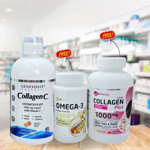 Buy Genesisvit Collagen Liquid 480ML & Get Bt Pharma Omega-3 60 Capsules + Collagen Plus 1000mg Chewable 120 Tablets for FREE