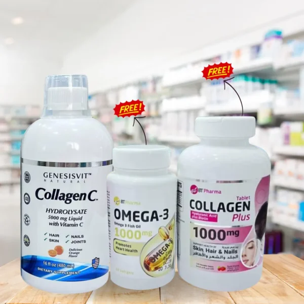 Buy Genesisvit Collagen Liquid 480ML & Get Bt Pharma Omega-3 60 Capsules + Collagen Plus 1000mg Chewable 120 Tablets for FREE